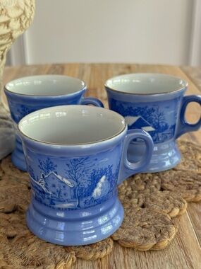 Vintage Currier & Ives Blue Winter Ceramic Mugs Set of Three